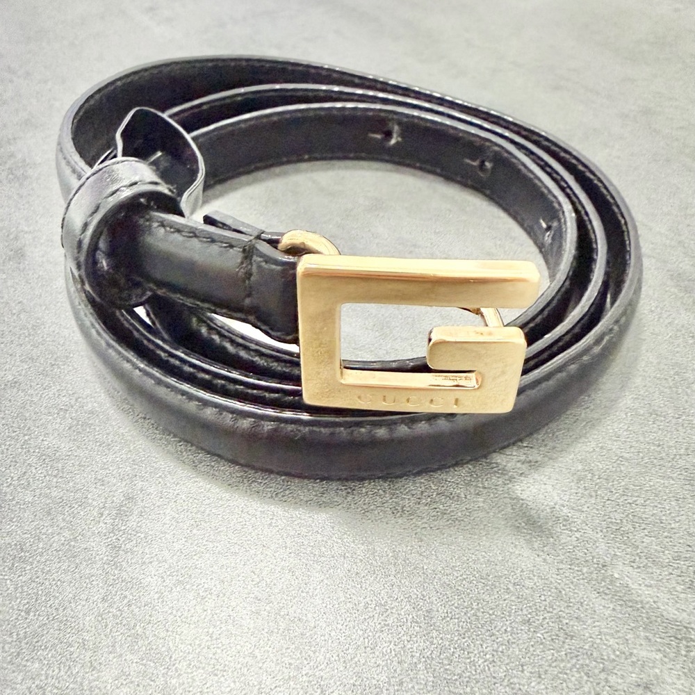 Vintage Gucci Tom Ford Era Black Leather Belt With G Gold Buckle Signed Gucci